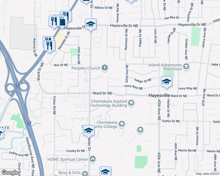 map of restaurants, bars, coffee shops, grocery stores, and more near 4110 Ivory Way Northeast in Salem