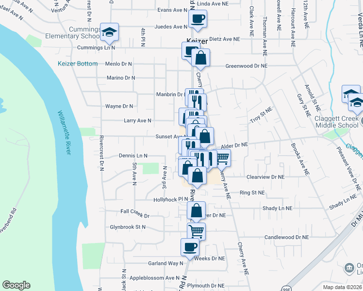 map of restaurants, bars, coffee shops, grocery stores, and more near 3975 River Road North in Keizer