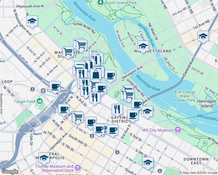 map of restaurants, bars, coffee shops, grocery stores, and more near 120 Hennepin Avenue in Minneapolis