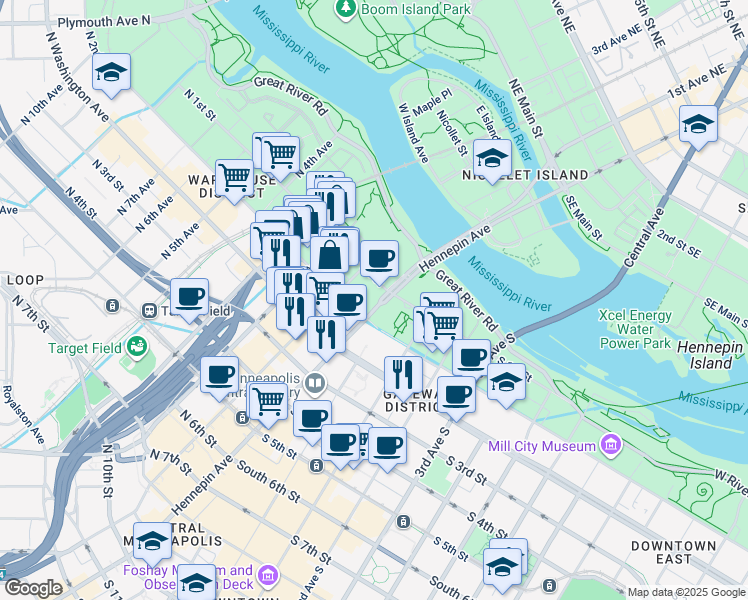 map of restaurants, bars, coffee shops, grocery stores, and more near 120 Hennepin Avenue in Minneapolis