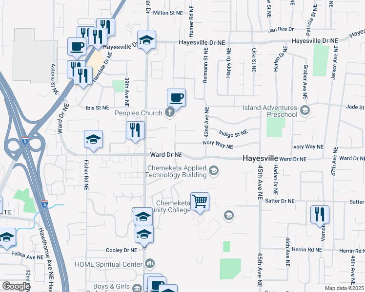 map of restaurants, bars, coffee shops, grocery stores, and more near 4110 Ivory Way Northeast in Salem