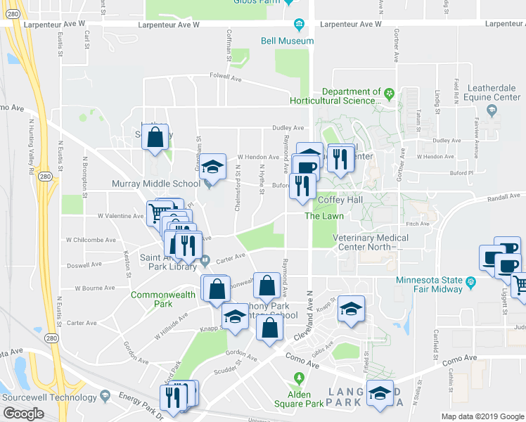map of restaurants, bars, coffee shops, grocery stores, and more near 2147 Doswell Avenue in Saint Paul