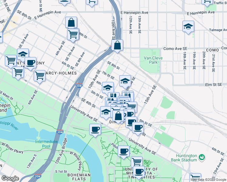 map of restaurants, bars, coffee shops, grocery stores, and more near 524 12th Avenue Southeast in Minneapolis