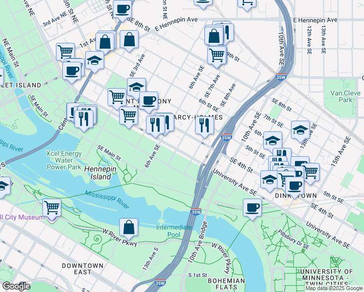 map of restaurants, bars, coffee shops, grocery stores, and more near 701 University Avenue Southeast in Minneapolis
