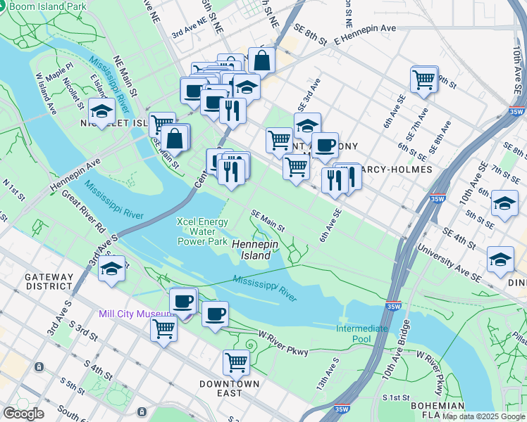 map of restaurants, bars, coffee shops, grocery stores, and more near 315 Southeast Main Street in Minneapolis