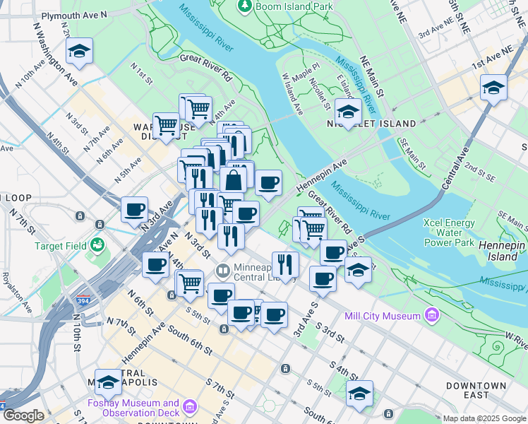 map of restaurants, bars, coffee shops, grocery stores, and more near 115 Hennepin Avenue in Minneapolis