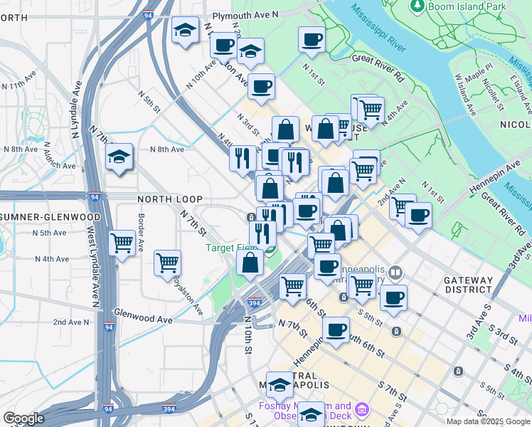map of restaurants, bars, coffee shops, grocery stores, and more near in Minneapolis