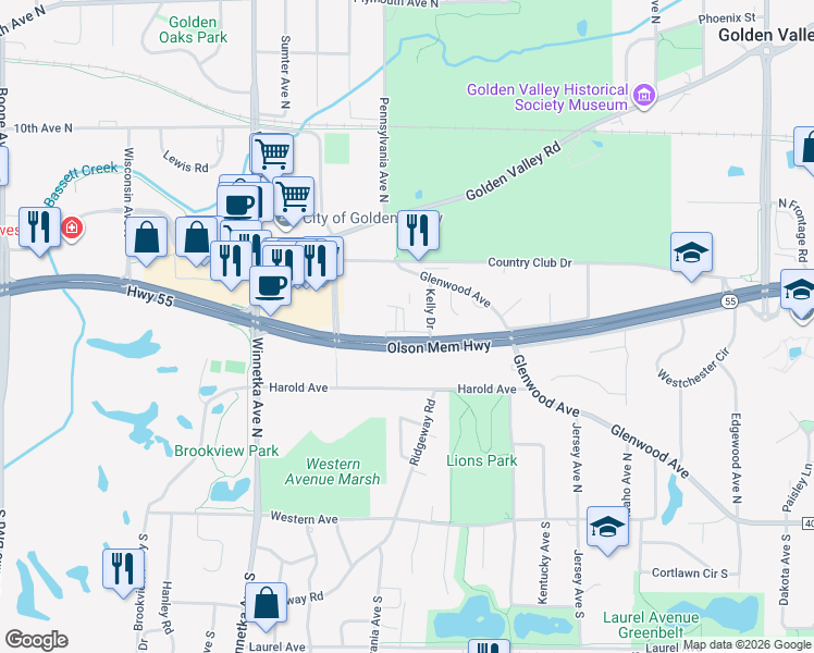 map of restaurants, bars, coffee shops, grocery stores, and more near 7450 Highway 55 in Minneapolis