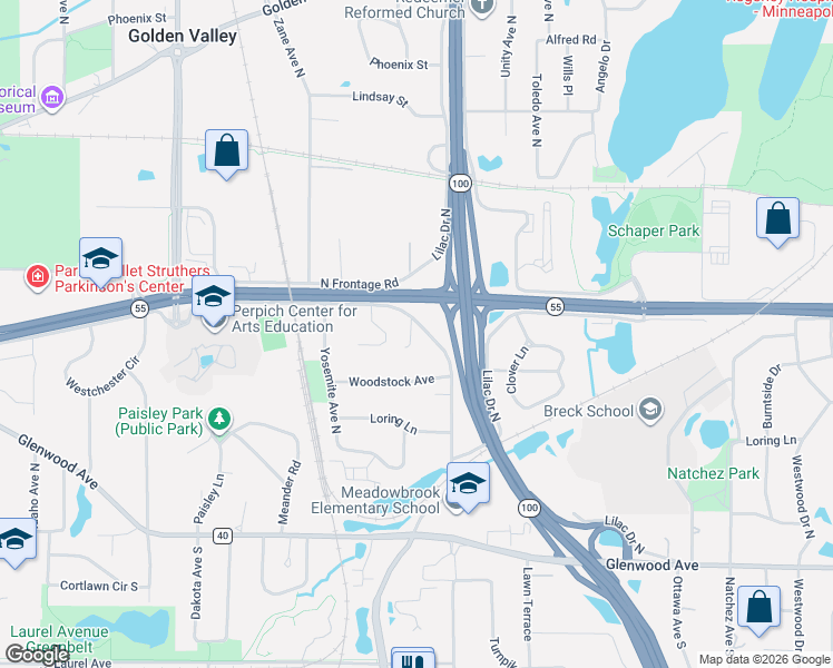 map of restaurants, bars, coffee shops, grocery stores, and more near 505 Turners Crossroad North in Minneapolis