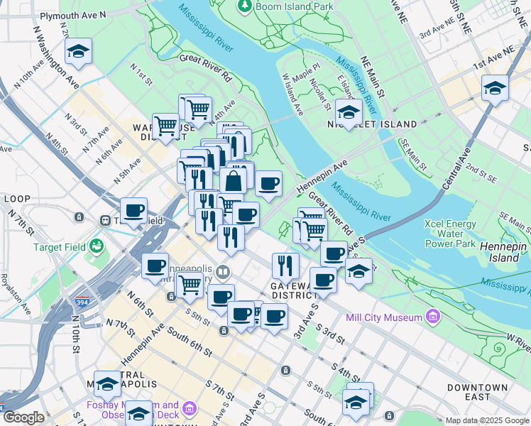 map of restaurants, bars, coffee shops, grocery stores, and more near 120 Hennepin Avenue in Minneapolis