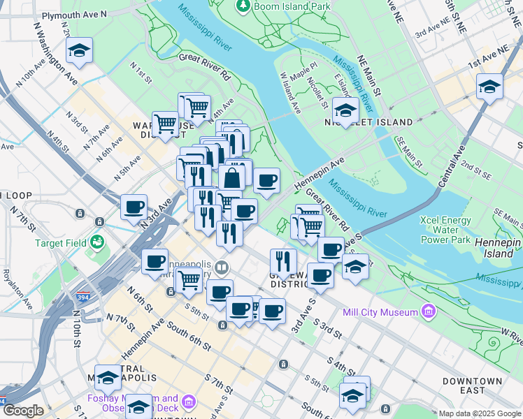 map of restaurants, bars, coffee shops, grocery stores, and more near 120 Hennepin Avenue in Minneapolis