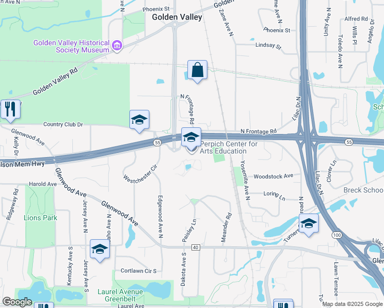 map of restaurants, bars, coffee shops, grocery stores, and more near 6125 Olson Memorial Highway in Minneapolis