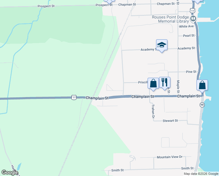 map of restaurants, bars, coffee shops, grocery stores, and more near 1 Carriere Way in Rouses Point