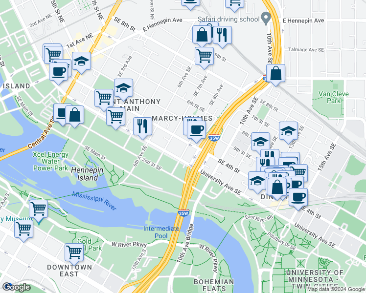 map of restaurants, bars, coffee shops, grocery stores, and more near 325 8th Ave SE in Minneapolis
