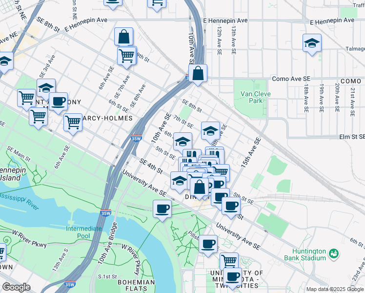 map of restaurants, bars, coffee shops, grocery stores, and more near 1112 6th Street Southeast in Minneapolis