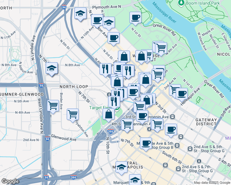 map of restaurants, bars, coffee shops, grocery stores, and more near 420 North 5th Street in Minneapolis