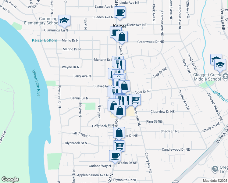 map of restaurants, bars, coffee shops, grocery stores, and more near 3975 River Road North in Keizer