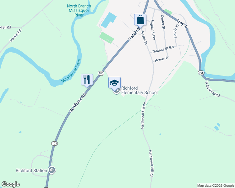 map of restaurants, bars, coffee shops, grocery stores, and more near 1 Elementary School Road in Richford