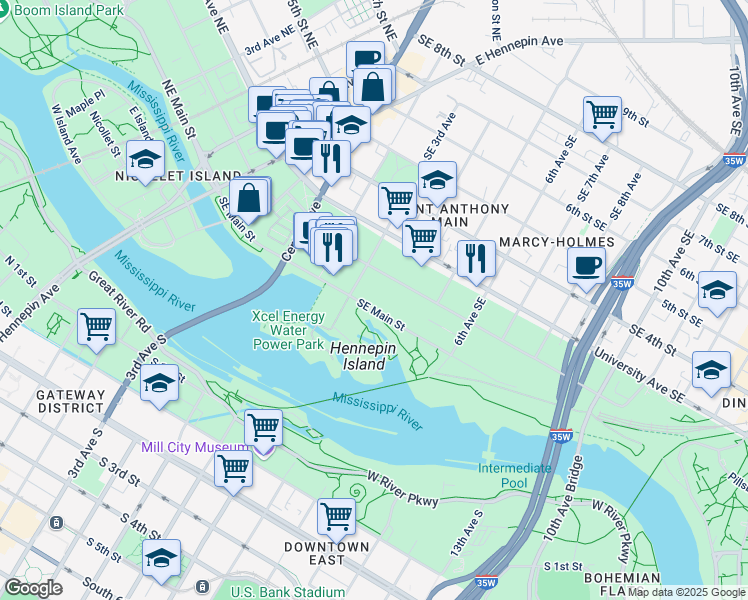 map of restaurants, bars, coffee shops, grocery stores, and more near 315 Southeast Main Street in Minneapolis