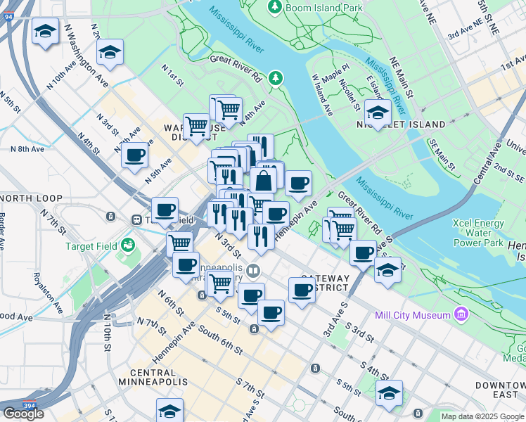 map of restaurants, bars, coffee shops, grocery stores, and more near in Minneapolis