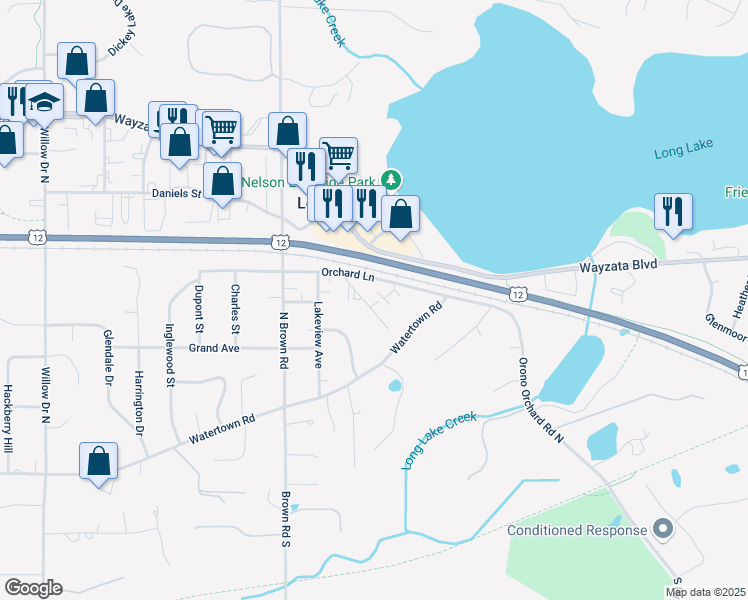 map of restaurants, bars, coffee shops, grocery stores, and more near 423 Dexter Drive in Long Lake