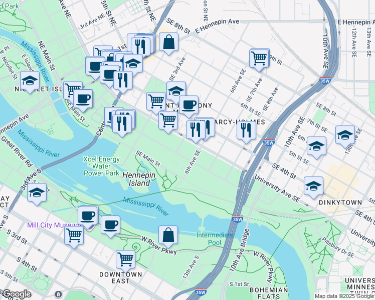 map of restaurants, bars, coffee shops, grocery stores, and more near 519 2nd Street Southeast in Minneapolis