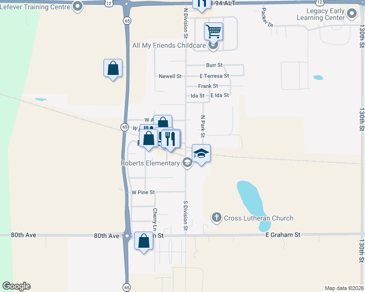 map of restaurants, bars, coffee shops, grocery stores, and more near 102 West Maple Street in River Falls