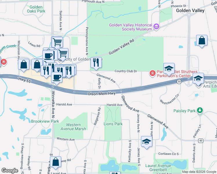 map of restaurants, bars, coffee shops, grocery stores, and more near 510 Ellis Lane in Golden Valley