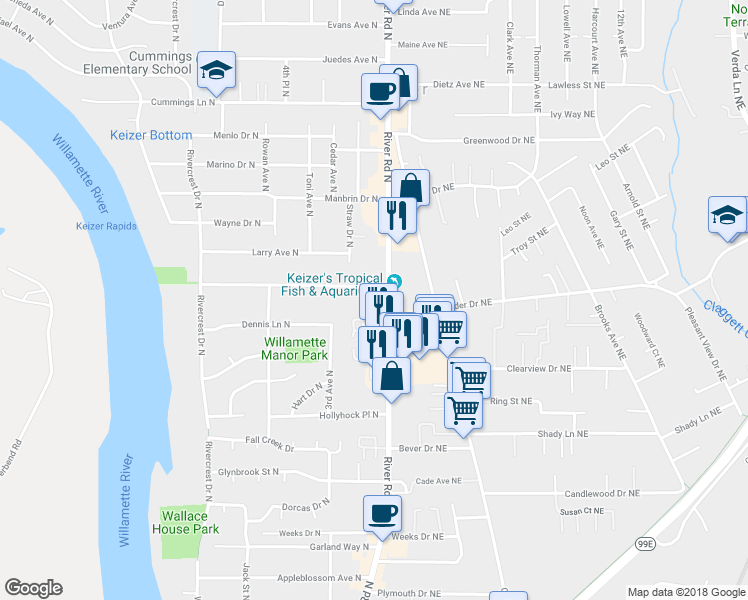 map of restaurants, bars, coffee shops, grocery stores, and more near 3975 River Road North in Keizer