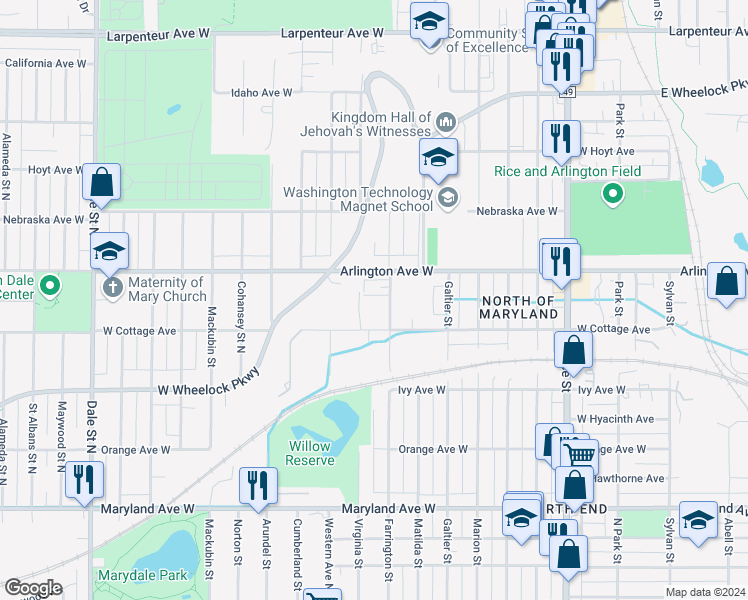 map of restaurants, bars, coffee shops, grocery stores, and more near 1395 Farrington Street in Saint Paul