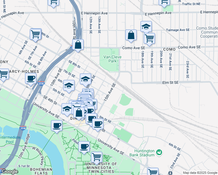 map of restaurants, bars, coffee shops, grocery stores, and more near 704 14th Avenue Southeast in Minneapolis