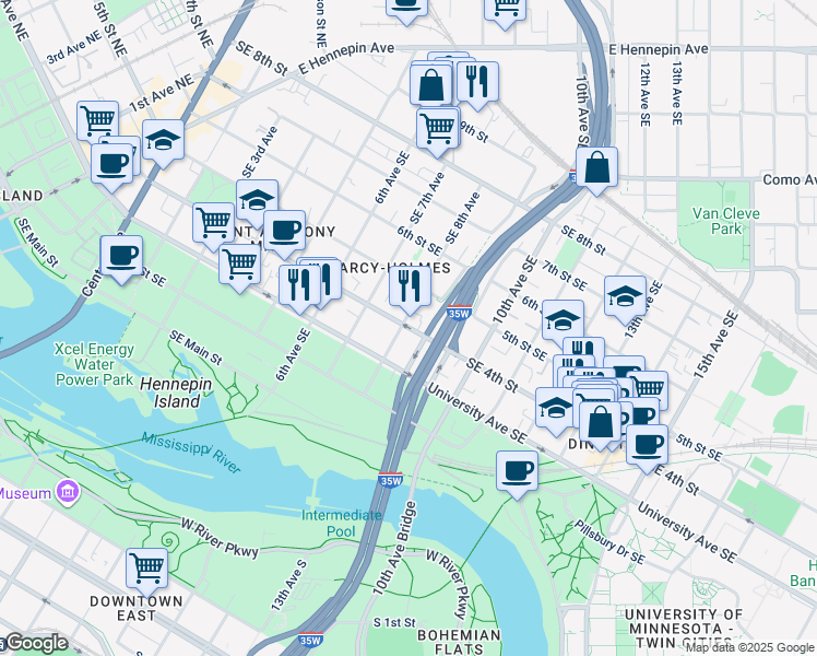 map of restaurants, bars, coffee shops, grocery stores, and more near 325 Southeast 8th Avenue in Minneapolis