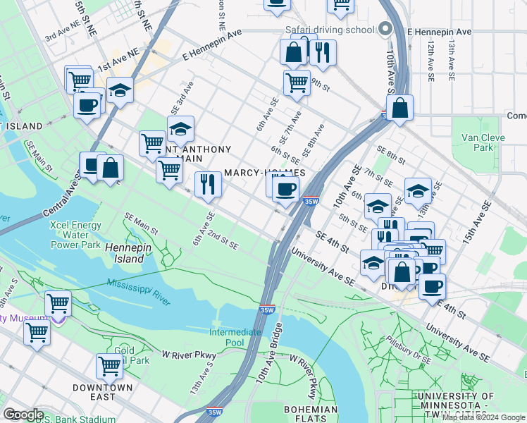 map of restaurants, bars, coffee shops, grocery stores, and more near 325 Southeast 8th Avenue in Minneapolis