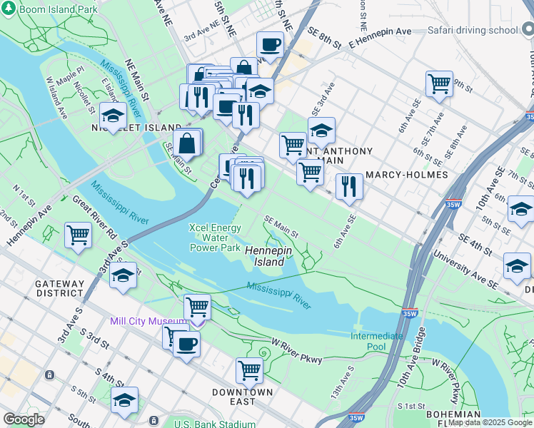 map of restaurants, bars, coffee shops, grocery stores, and more near 20 Southeast 3rd Avenue in Minneapolis