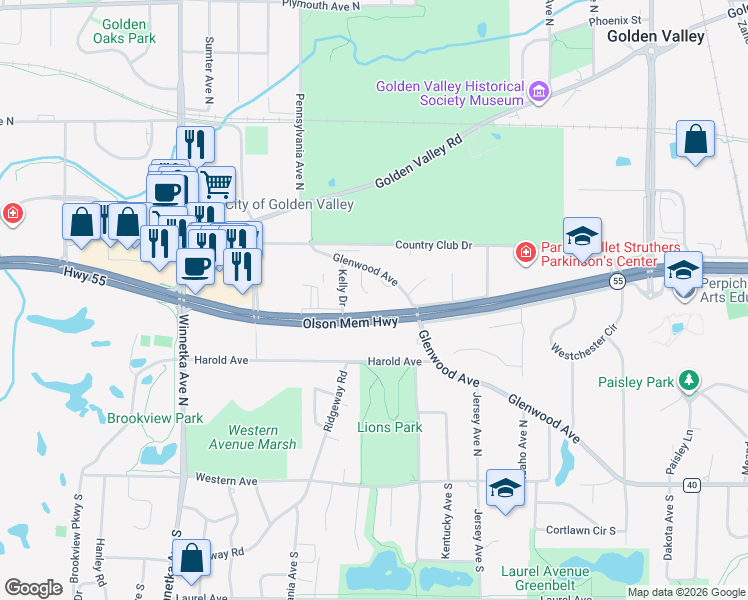 map of restaurants, bars, coffee shops, grocery stores, and more near 510 Ellis Lane in Golden Valley