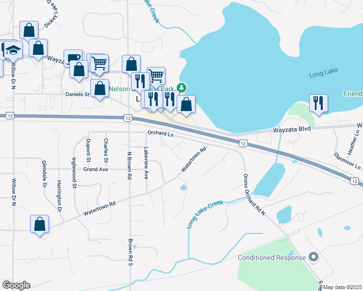 map of restaurants, bars, coffee shops, grocery stores, and more near 1794 May Street in Long Lake