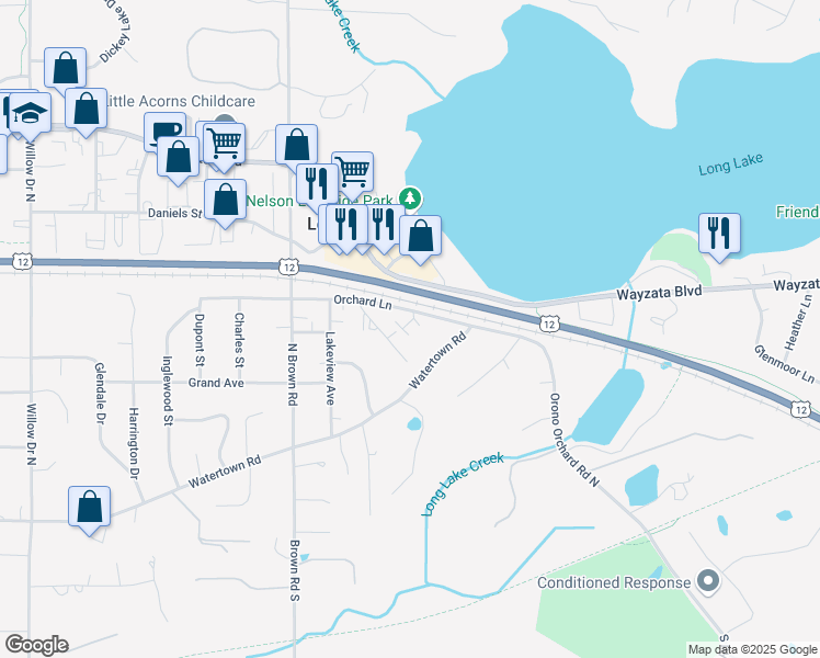 map of restaurants, bars, coffee shops, grocery stores, and more near 1807 May Street in Long Lake