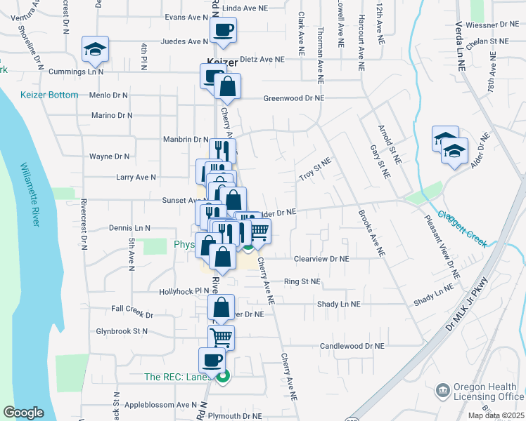 map of restaurants, bars, coffee shops, grocery stores, and more near 1007 Alder Drive Northeast in Keizer