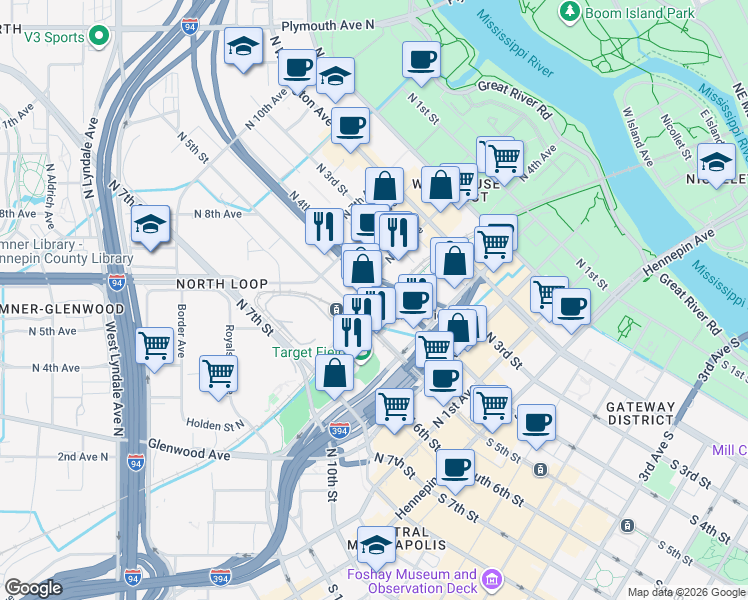 map of restaurants, bars, coffee shops, grocery stores, and more near 420 North 5th Street in Minneapolis