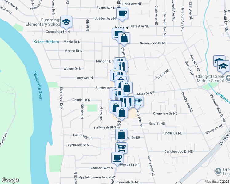 map of restaurants, bars, coffee shops, grocery stores, and more near 110-118 Sunset Avenue North in Keizer