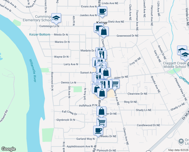 map of restaurants, bars, coffee shops, grocery stores, and more near 132-168 Sunset Avenue North in Keizer