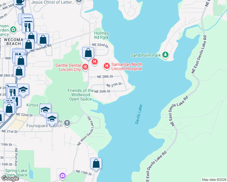 map of restaurants, bars, coffee shops, grocery stores, and more near Northeast Lake Drive in Lincoln City