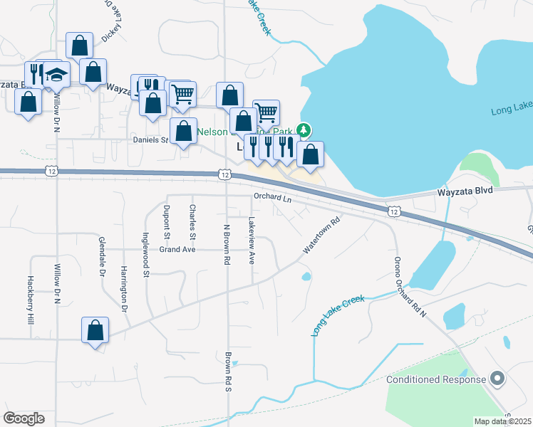 map of restaurants, bars, coffee shops, grocery stores, and more near 398 Dexter Drive in Long Lake