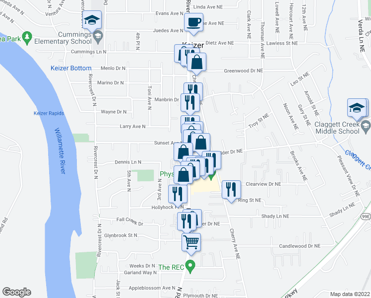 map of restaurants, bars, coffee shops, grocery stores, and more near 3975 River Road North in Keizer