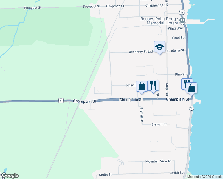 map of restaurants, bars, coffee shops, grocery stores, and more near Academy Saint Exn in Rouses Point