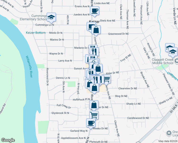 map of restaurants, bars, coffee shops, grocery stores, and more near 114 Sunset Avenue North in Keizer