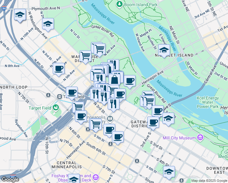 map of restaurants, bars, coffee shops, grocery stores, and more near 103 North 2nd Street in Minneapolis