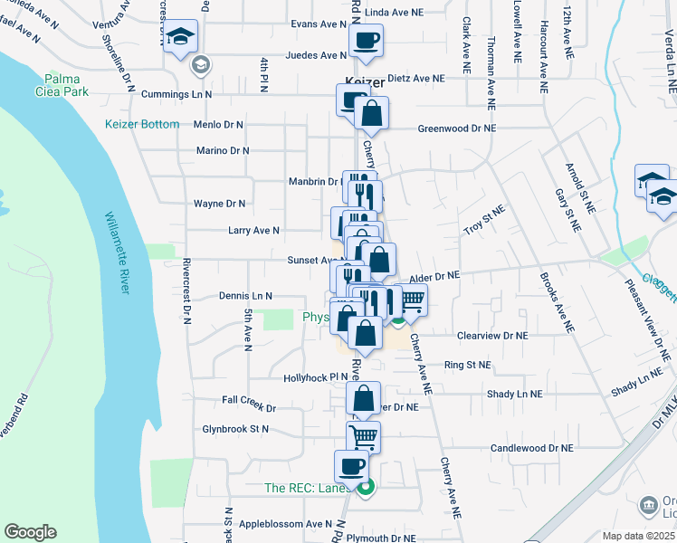 map of restaurants, bars, coffee shops, grocery stores, and more near 138 Sunset Avenue North in Keizer