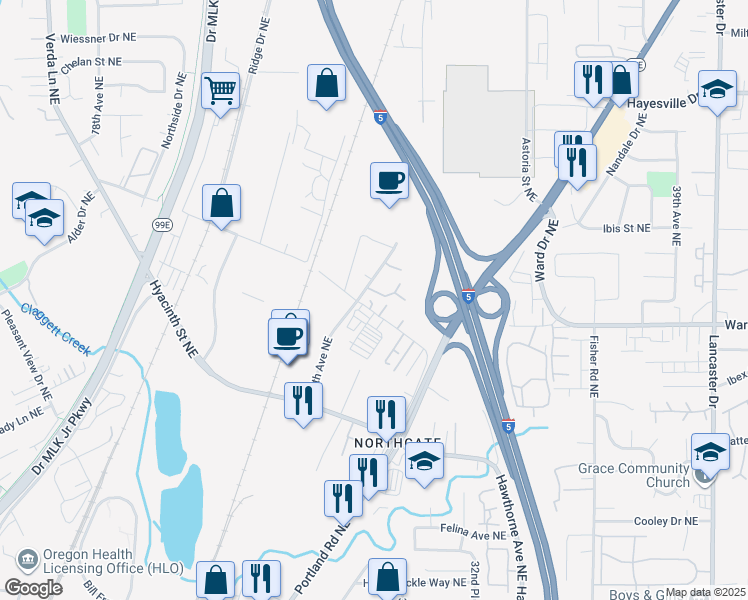 map of restaurants, bars, coffee shops, grocery stores, and more near 2940 Claxter Court Northeast in Salem
