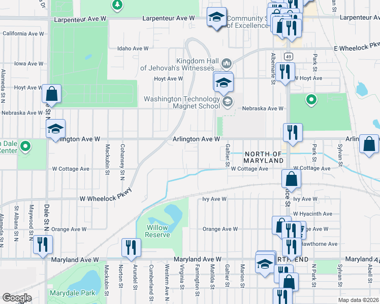 map of restaurants, bars, coffee shops, grocery stores, and more near 1395 Farrington Street in Saint Paul